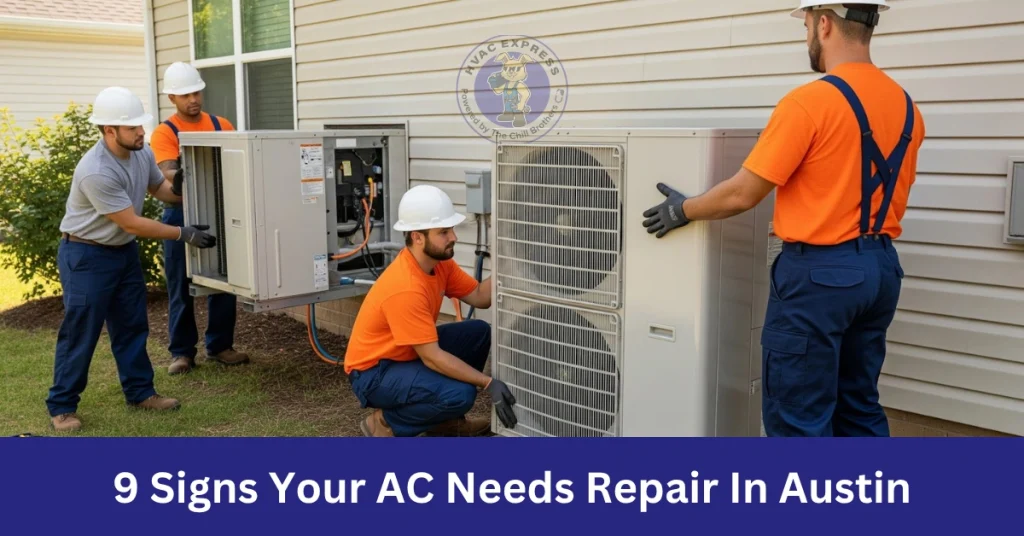 Infographic titled "9 Signs Your AC Needs Repair in Austin" highlighting common air conditioning issues.