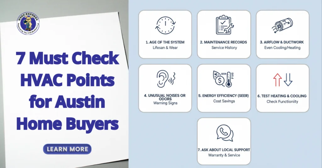 Infographic titled "7 Must Check HVAC Points for Austin Home Buyers" with seven key points about HVAC system evaluation.