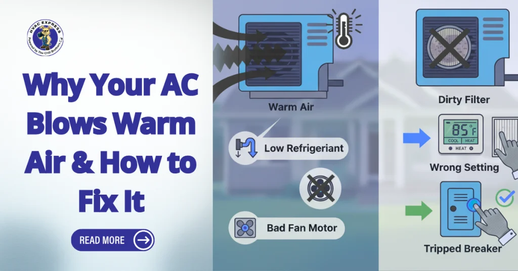 Durham HVAC infographic showing why AC blows warm air and how to fix issues like low refrigerant or dirty filter.