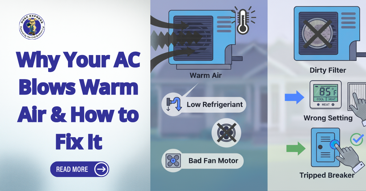Durham HVAC infographic showing why AC blows warm air and how to fix issues like low refrigerant or dirty filter.