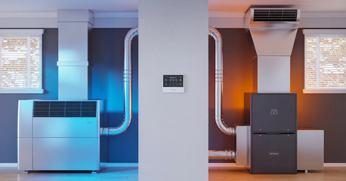 Modern HVAC setup with AC unit heater and wall mounted thermostat for a guide on how to switch from AC to heat